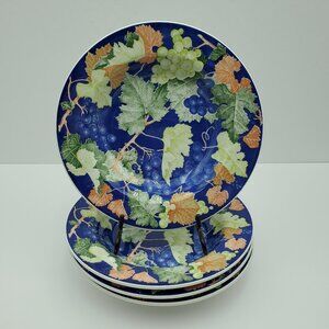 La Primula Quadrifoglio Grape Leaves on Blue Rim Soup Bowls Pasta Salad Bowls